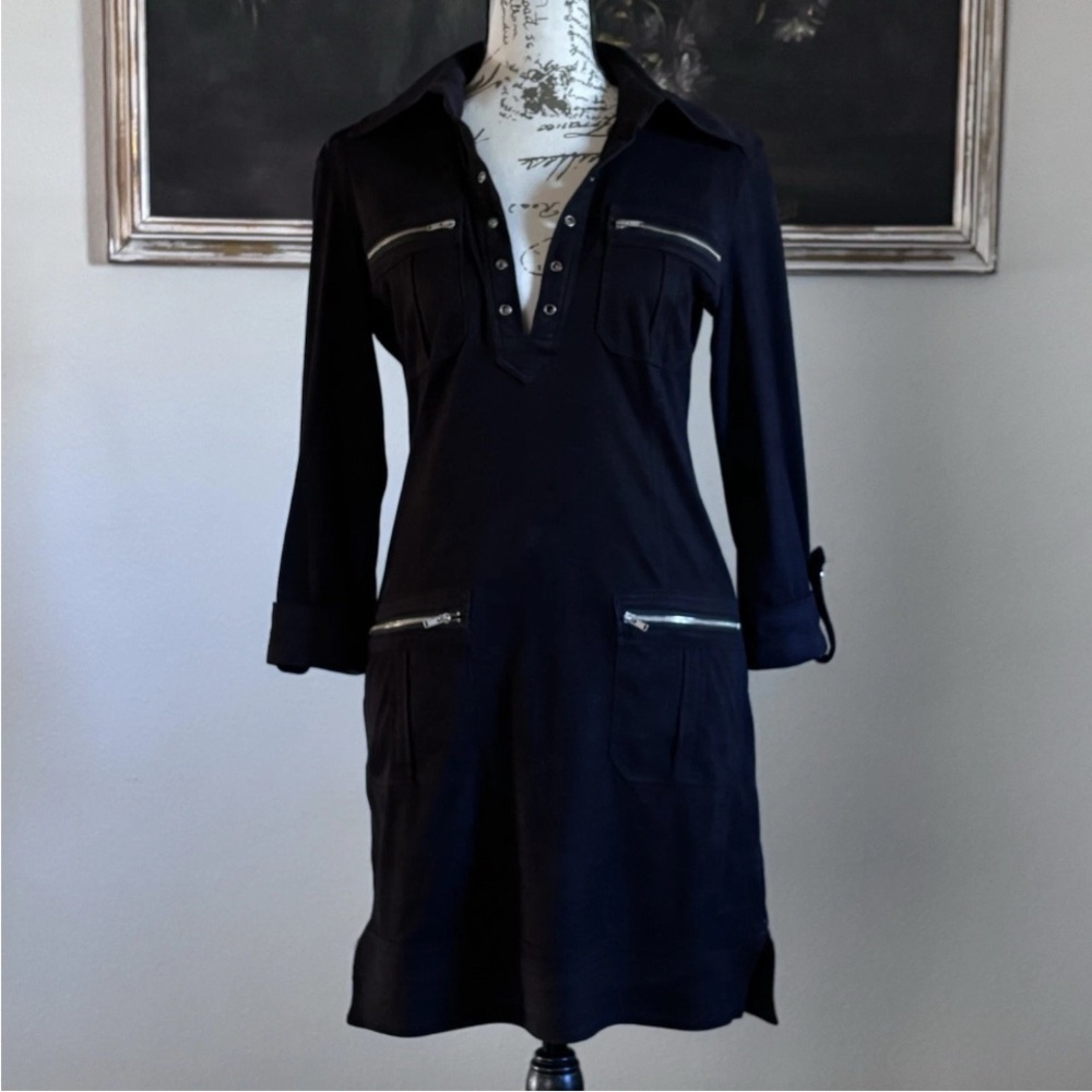 2B Bebe Womens Black Faux Suede 3/4 Sleeve Pullover Pockets Dress Size XS